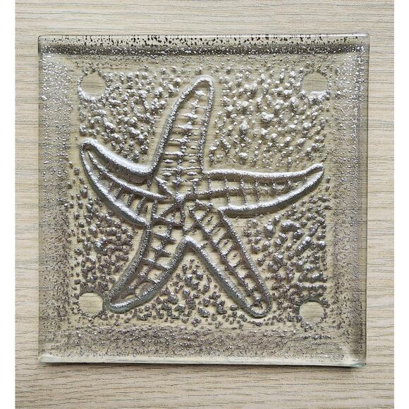 COASTERS-Glass-Clear-Silver-Sea Shells-Star Fish-Nautical-Square-Ocean-Beach - Picture 2 of 13
